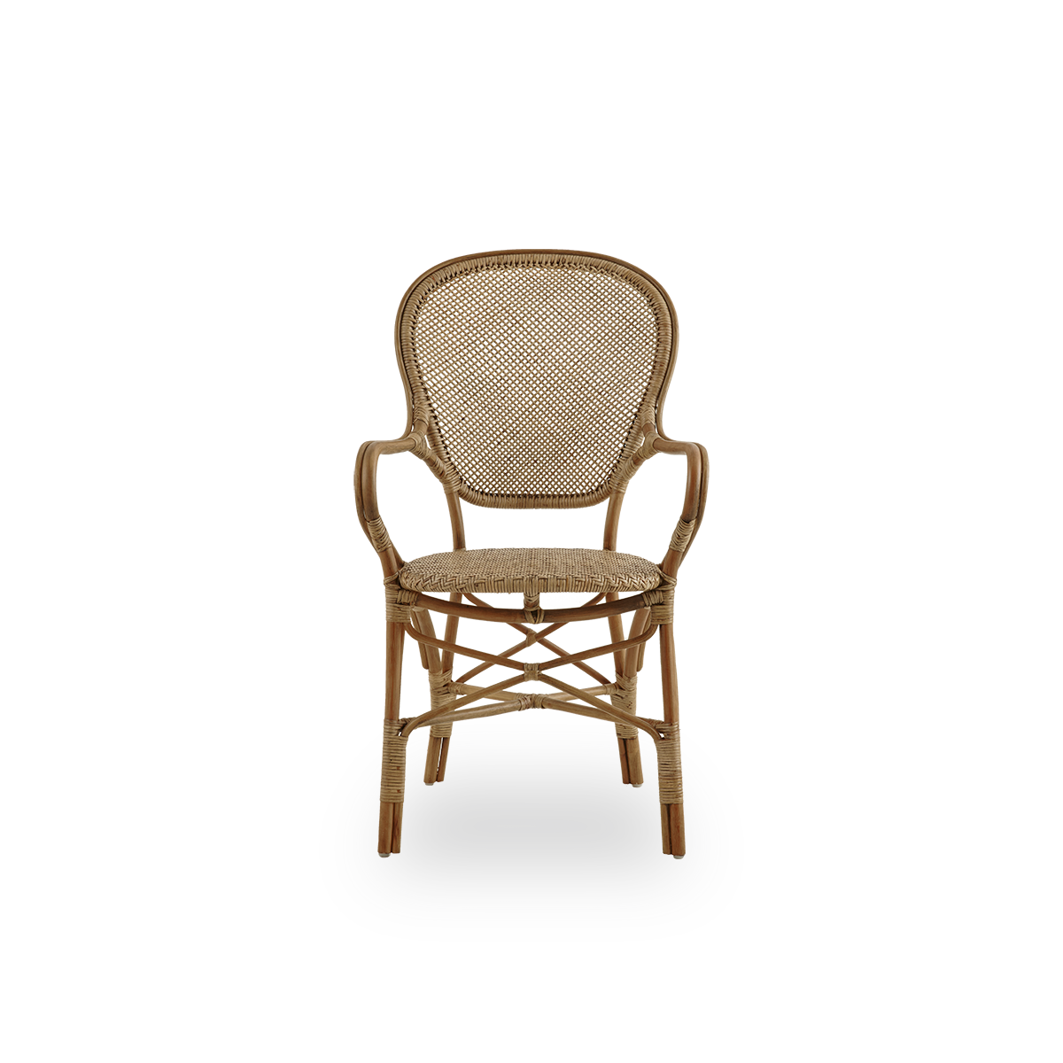 Frontansicht des Rossini Esssessels in Antikbraun.
Eleganter Flechtstuhl mit runder Rückenlehne und Armlehnen in schlichtem Design. Handgefertigt aus hochwertigem Rattan.