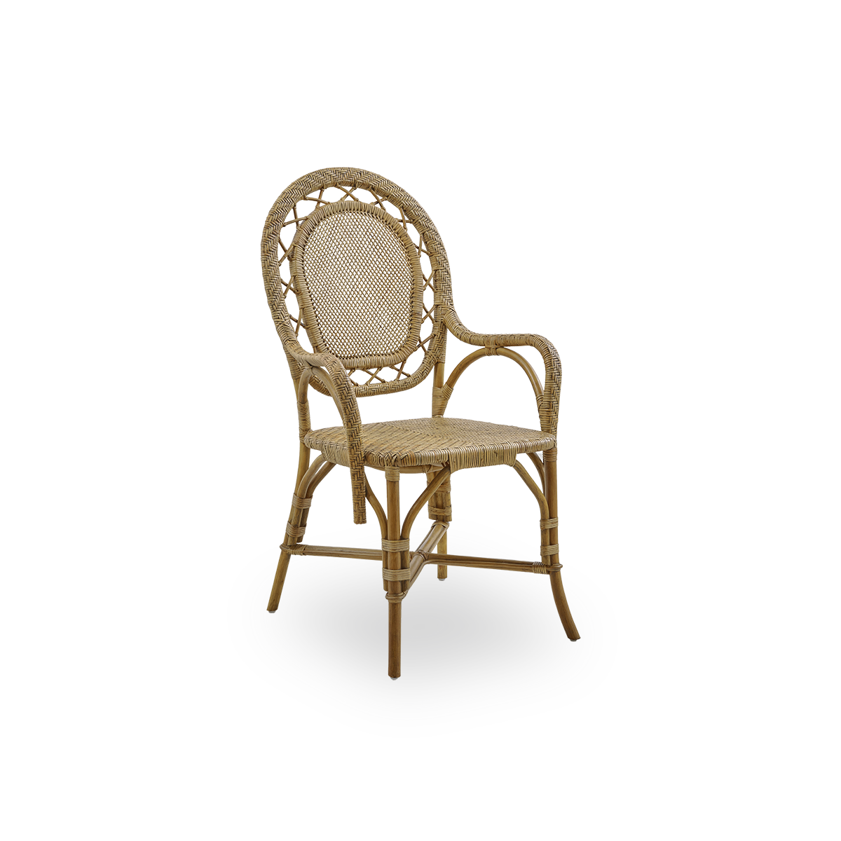 Seitenansicht des Romantica Essstuhls in Antique-Braun. Eleganter, romantischer Korb-Essstuhl mit runder Rückenlehne und vollständig geflochtenem Sitz im charmanten dänischen Design. Handgefertigt aus hochwertigem indonesischem Rattan.