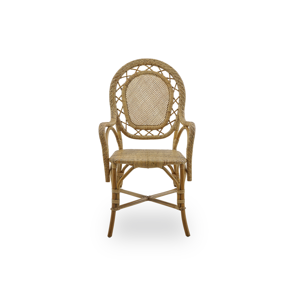 Vorderansicht des Romantica Essstuhls in Antique Brown.
Eleganter, romantischer Korb-Essstuhl mit runder Rückenlehne und vollständig geflochtenem Sitz in charmantem dänischen Design. Handgefertigt aus hochwertigem indonesischem Rattan.