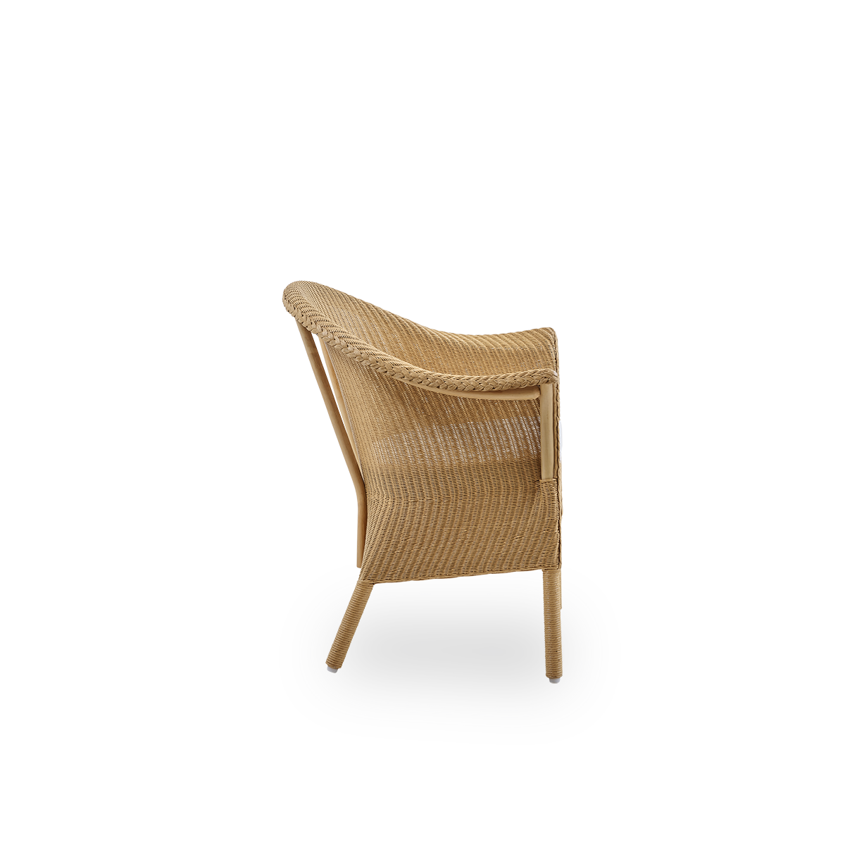 Einfache Seitenansicht des Classic Essstuhls, ein vollständig geflochtener Korbstuhl, handgefertigt aus Lloyd Loom-Material. Der Classic-Stuhl verfügt über Armlehnen und eine hohe Rückenlehne für zusätzlichen Komfort und Halt.