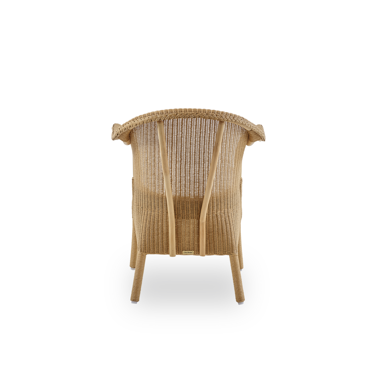 Rückansicht des Classic-Essstuhls, ein vollständig geflochtener Stuhl aus handgefertigtem Lloyd-Loom-Material. Der Classic-Stuhl verfügt über Armlehnen und eine hohe Rückenlehne für zusätzlichen Komfort und Halt.