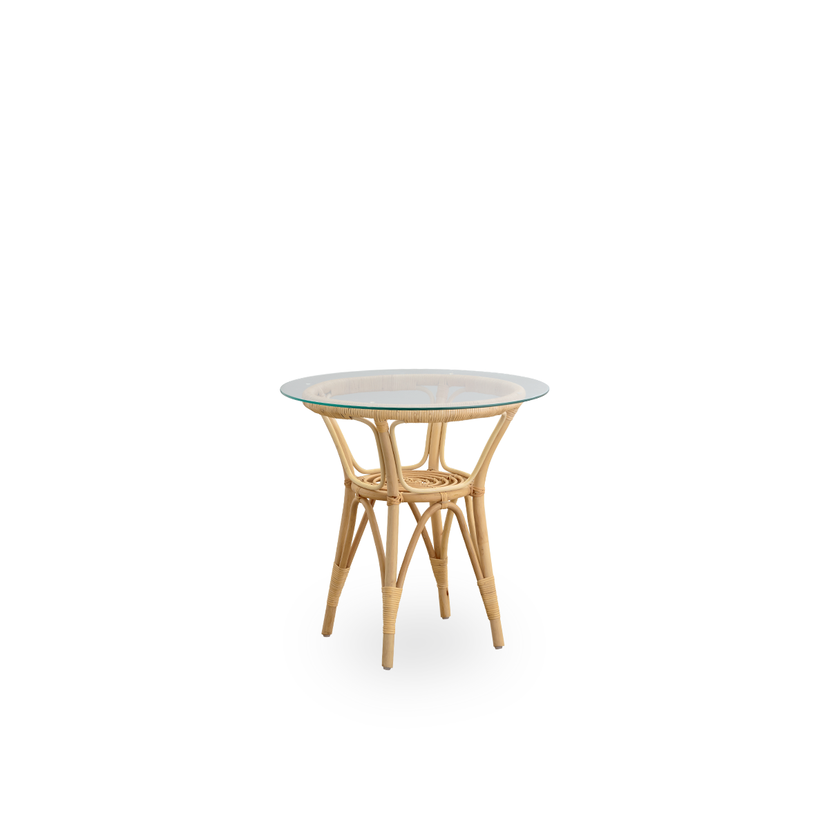 Seitenansicht des Tony Beistelltisches mit 8 mm gehärteter Glasplatte. Handgefertigter Rahmen aus hochwertigem indonesischem Rattan.