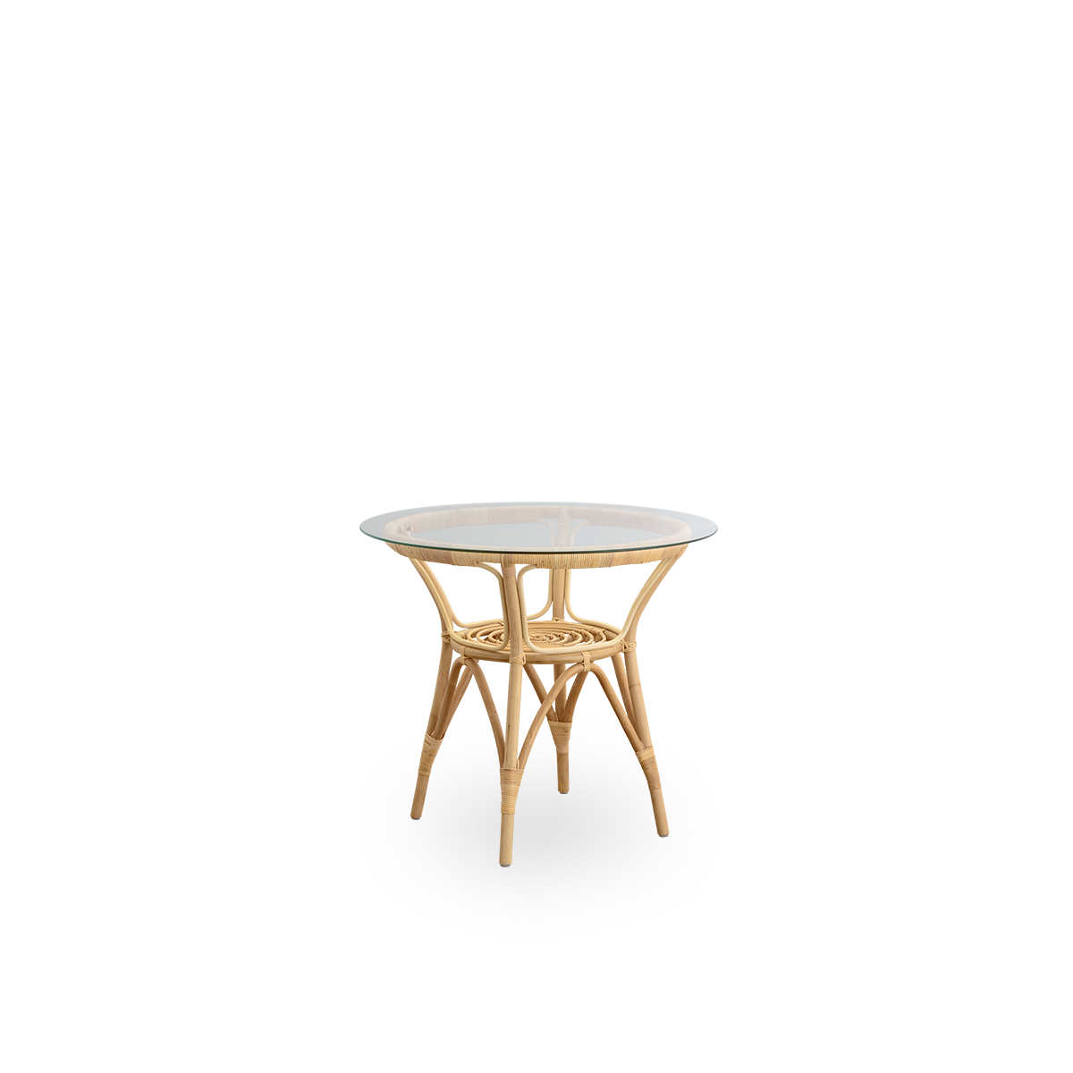 Seitenansicht des Tony Rattan-Café-Tisches mit 8 mm gehärteter Glasplatte. Rattanrahmen handgefertigt aus hochwertigem indonesischem Rattan.