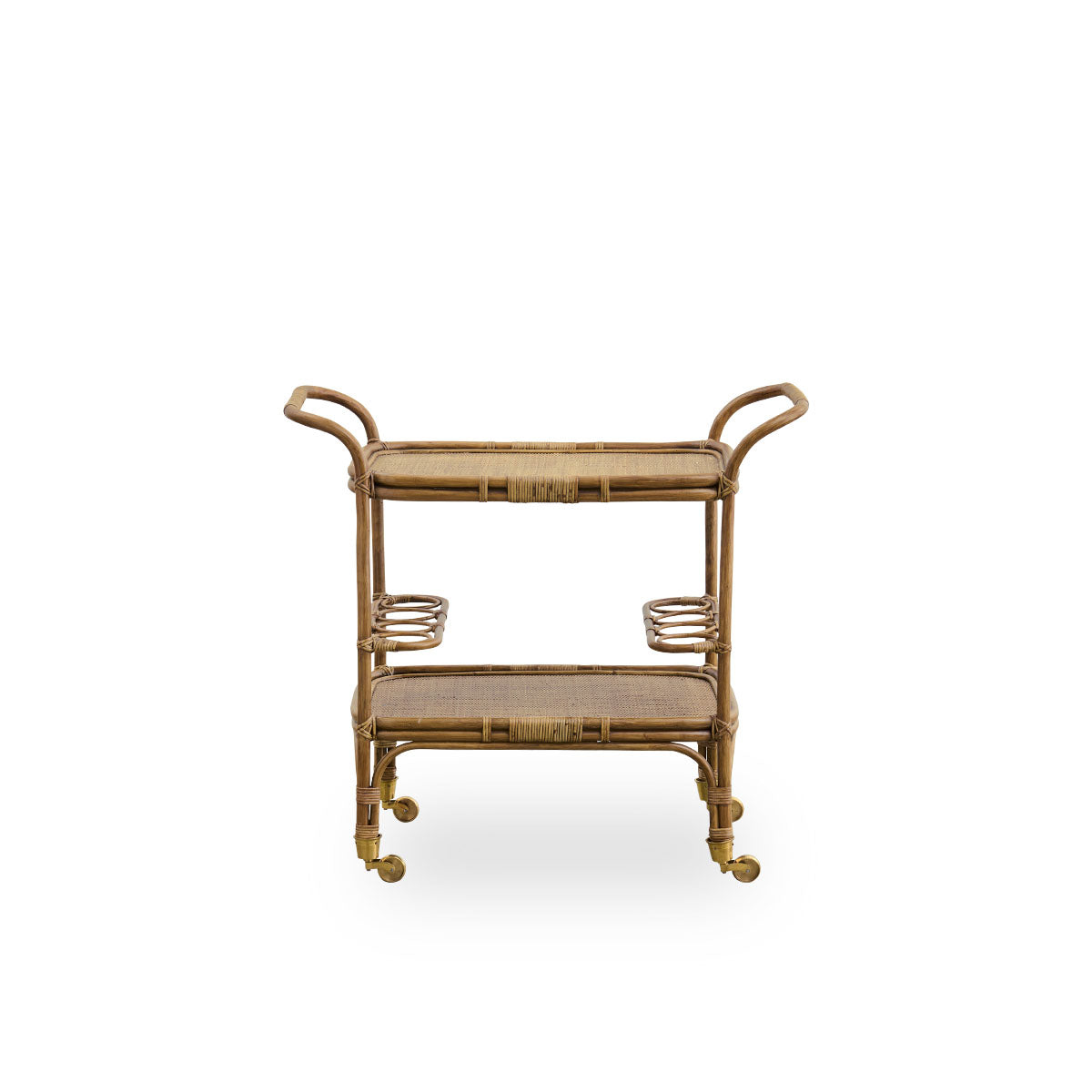 Vorderansicht des Carlo Barwagens, handgefertigt aus hochwertigem indonesischem Rattan mit antikbraunem Finish und detailliertem Flechtwerk auf einem soliden Rattanrahmen.