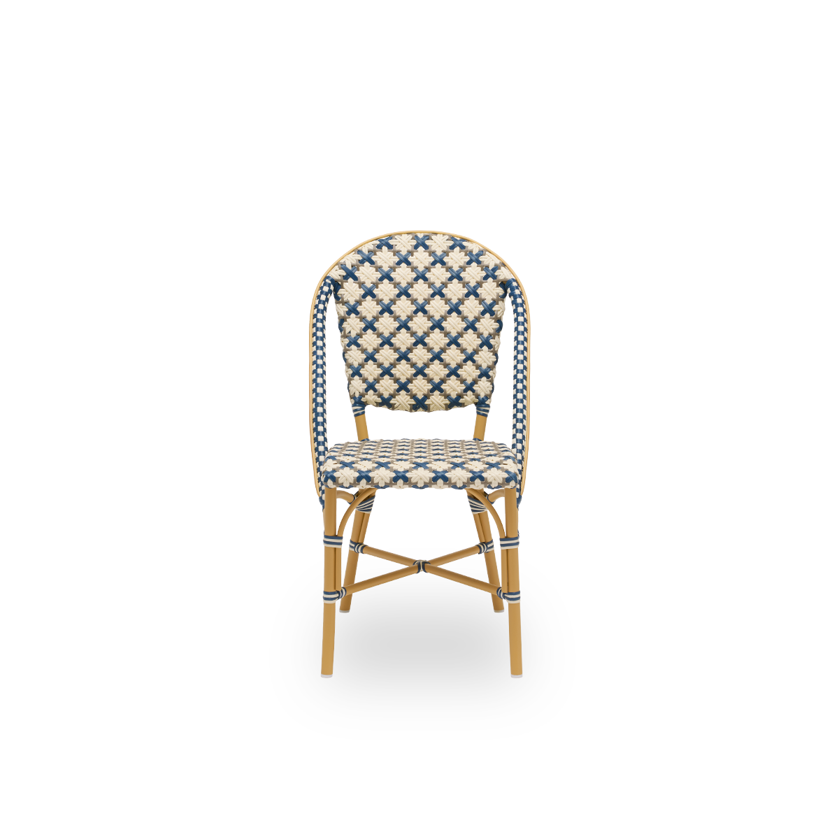 Dies ist ein Nahaufnahmebild von Sofie in almond aluminium frame starweave ivory navy blue cappuccino artfibre.