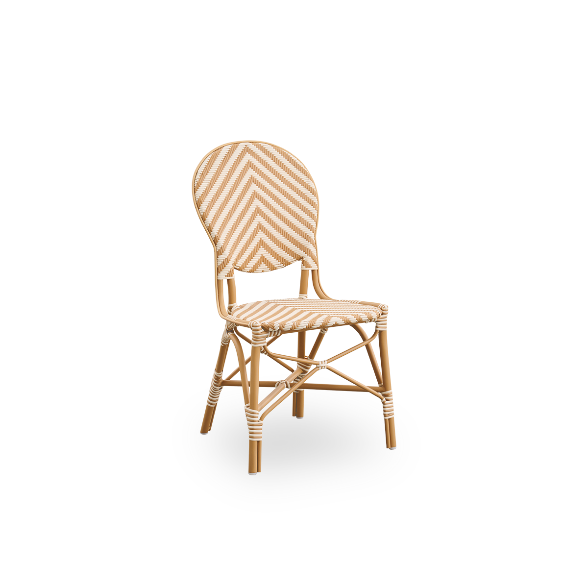 Seitenansicht des Isabell Outdoor-Esstuhls. Rahmen aus mandelfarbenem Aluminium mit Sitz und Rückenlehne aus ArtFibre mit elfenbein- und honigfarbenem Fischgrätmuster.