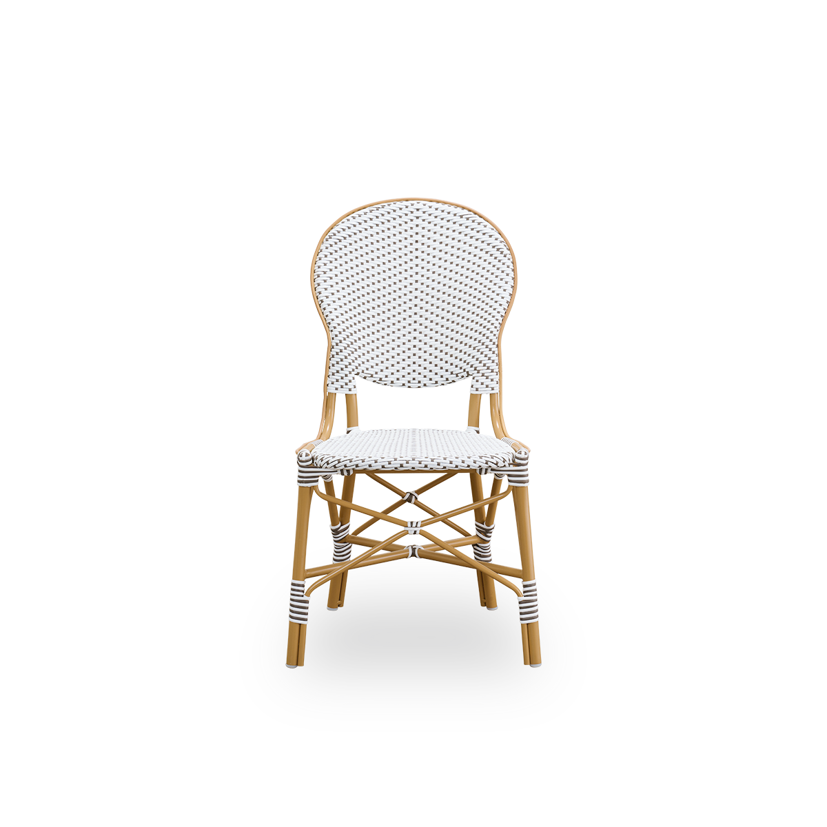 Vorderansicht des Isabell Outdoor-Esszimmerstuhls.
Almondfarbenes Aluminiumgestell mit Sitz und Rückenlehne aus weißer ArtFibre mit braunen Punkten. Inspiriert vom Bistrodesign der 1950er Jahre.