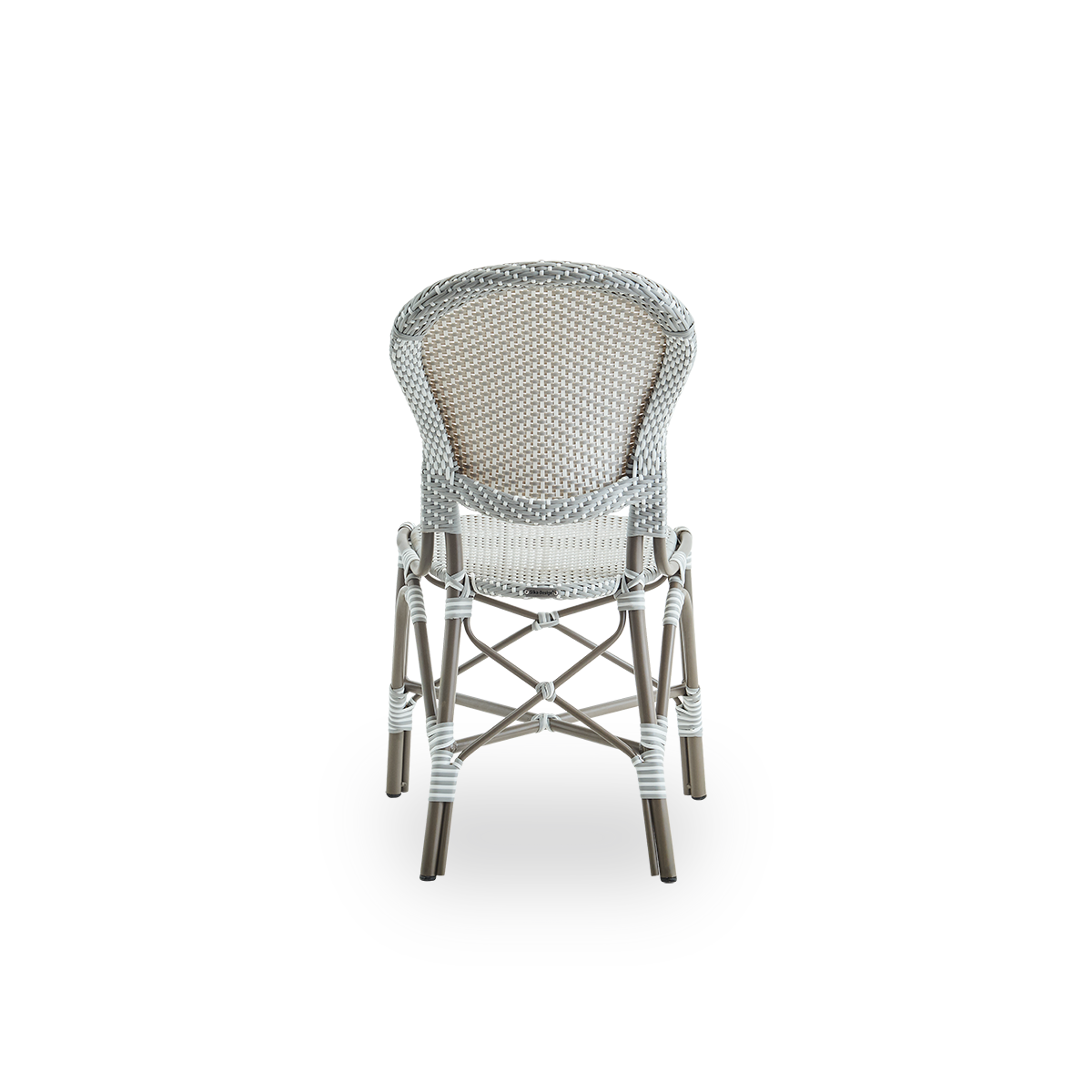 Rückansicht des Isabell-Outdoor-Essstuhls. Aluminiumrahmen in der Farbe Taupe mit Sitz und Rückenlehne aus grauem ArtFibre mit weißen Punkten. Inspiriert vom Bistrodesign der 1950er-Jahre.