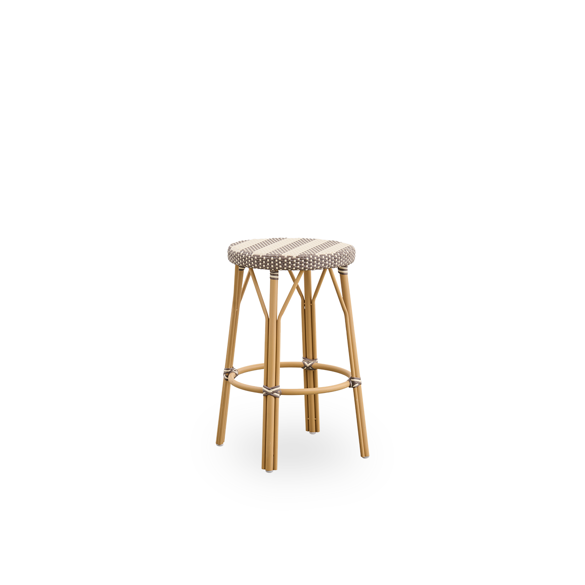 Seitenansicht des Simone Outdoor-Thekenstuhls, Höhe 68 cm. Aluminiumrahmen in Mandel-Farbe mit Fußstütze und vollständig geflochtenem rundem Sitz, handgefertigt aus ArtFibre mit breiten Streifen in Elfenbein und Braun. Stapelbarer Thekenstuhl.