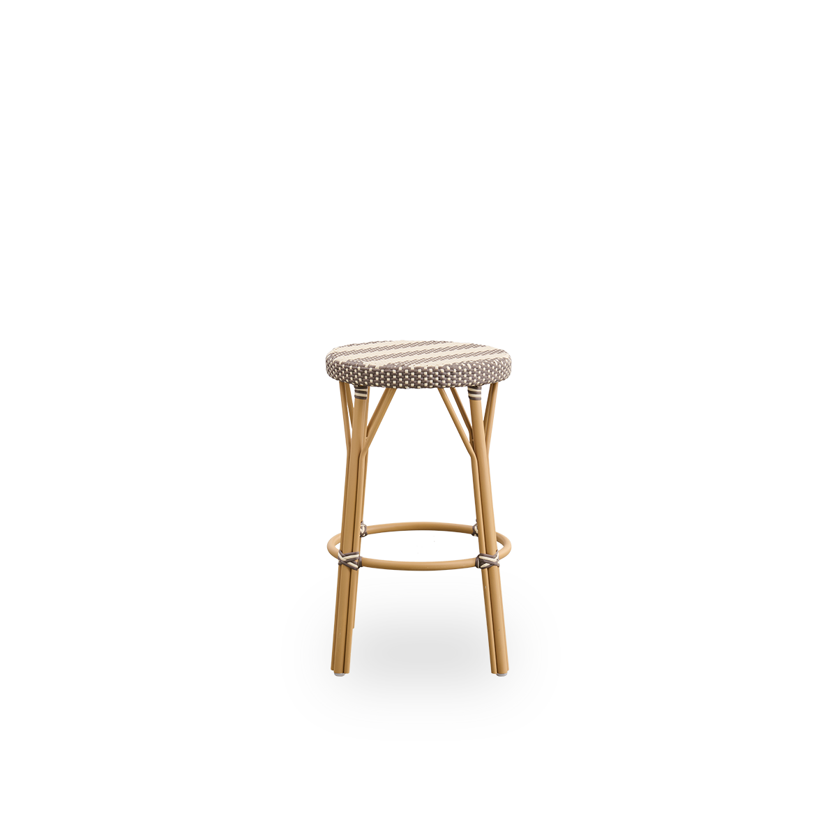 Seitenansicht des Simone Outdoor-Thekenstuhls, Höhe 68 cm. Aluminiumrahmen in Mandel-Farbe mit Fußstütze, mit vollständig geflochtenem rundem Sitz handgefertigt aus ArtFibre mit breiten Streifen in Elfenbein und Braun. Stapelbarer Thekenstuhl.