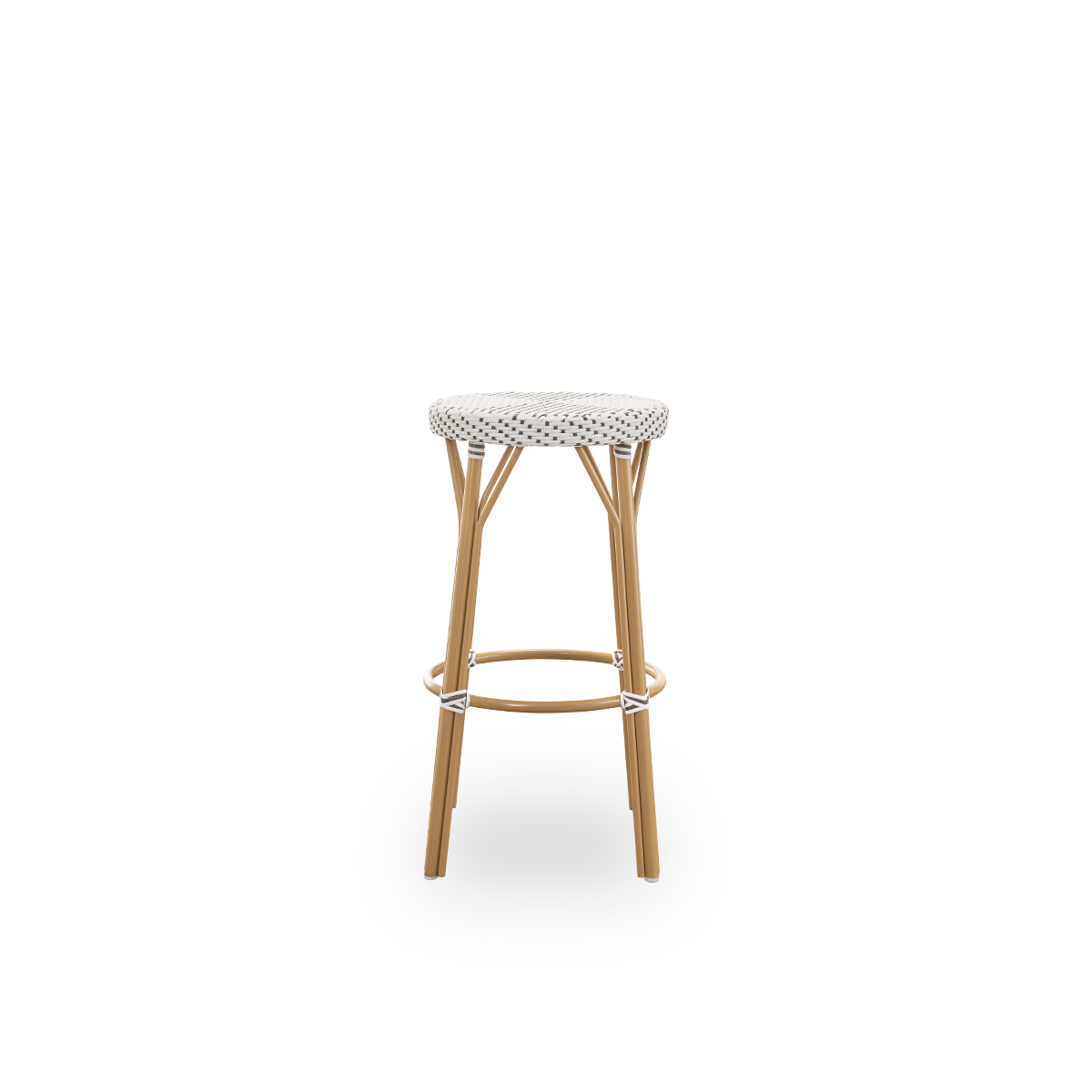 Seitenansicht des Simone Outdoor-Barhockers, Höhe 78 cm. Aluminiumrahmen in Mandel-Farbe mit Fußstütze, mit vollständig geflochtenem rundem Sitz handgefertigt aus ArtFibre in Weiß mit braunen Punkten. Stapelbarer Barhocker.