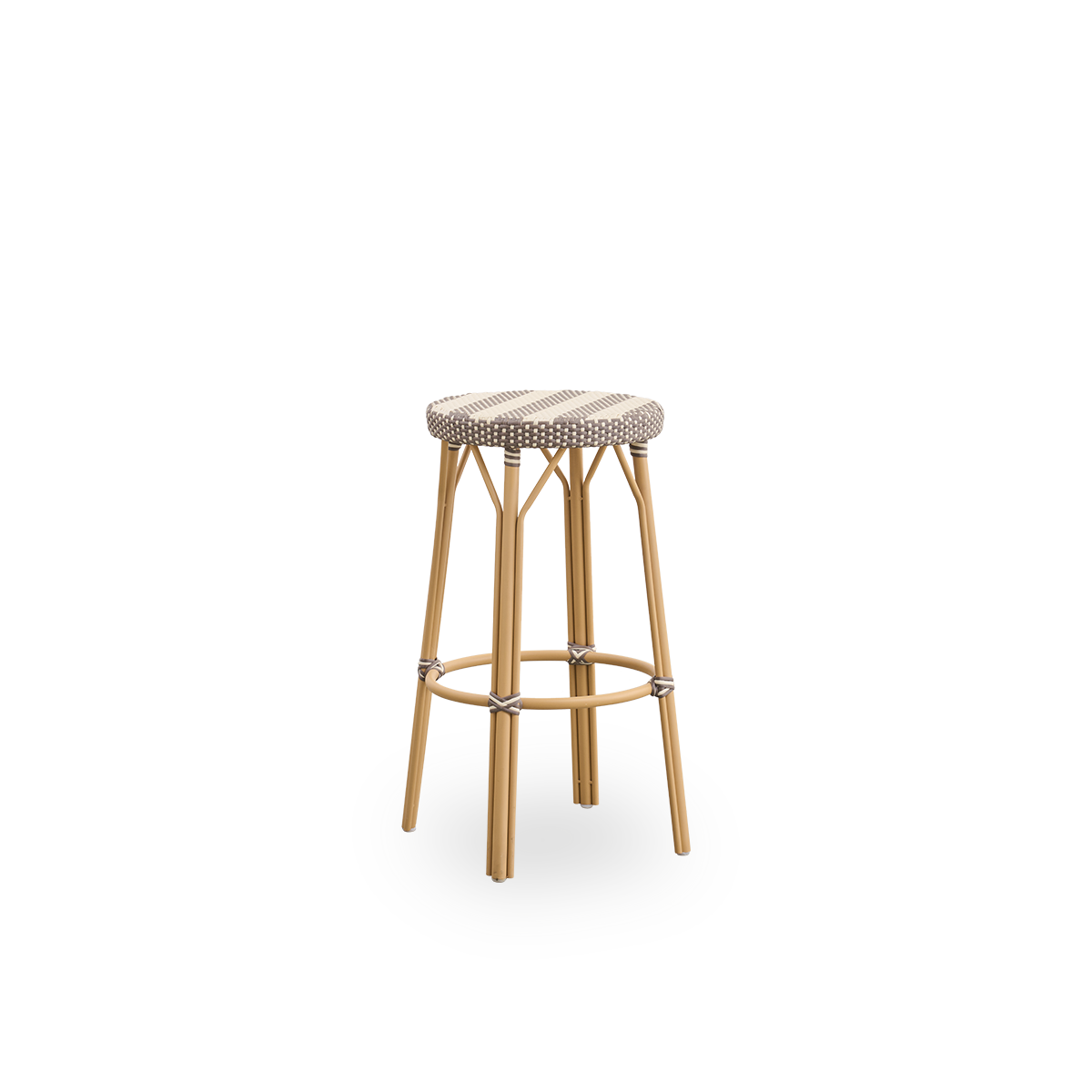 Seitenansicht des Simone Outdoor-Barhockers, Höhe 78 cm. Aluminiumrahmen in Mandel-Farbe mit Fußstütze und vollständig geflochtenem rundem Sitz, handgefertigt aus ArtFibre mit breiten Streifen in Elfenbein und Braun. Stapelbarer Barhocker.