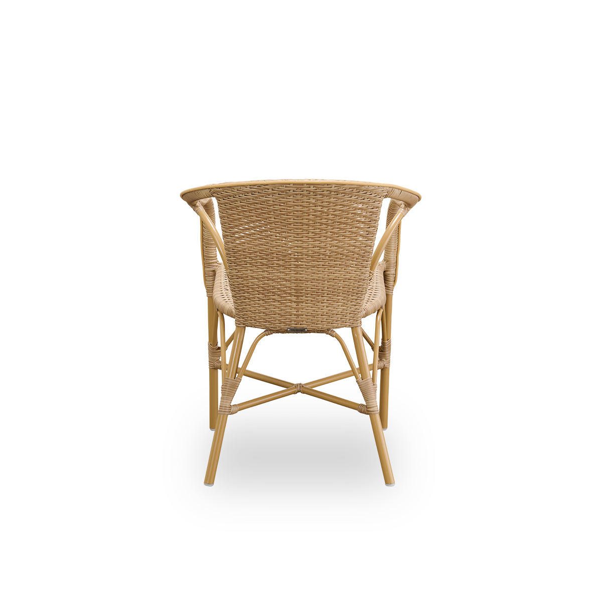 Rückansicht des Madeleine-Outdoor-Essstuhls mit Armlehnen. Aluminiumrahmen in Mandelfarbe mit Sitz und Rückenlehne aus ArtFibre in Naturfarbe.