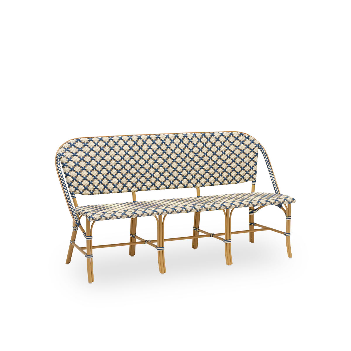 Dies ist ein Nahaufnahmebild von Sofie in almond aluminium frame starweave ivory navy blue cappuccino artfibre.