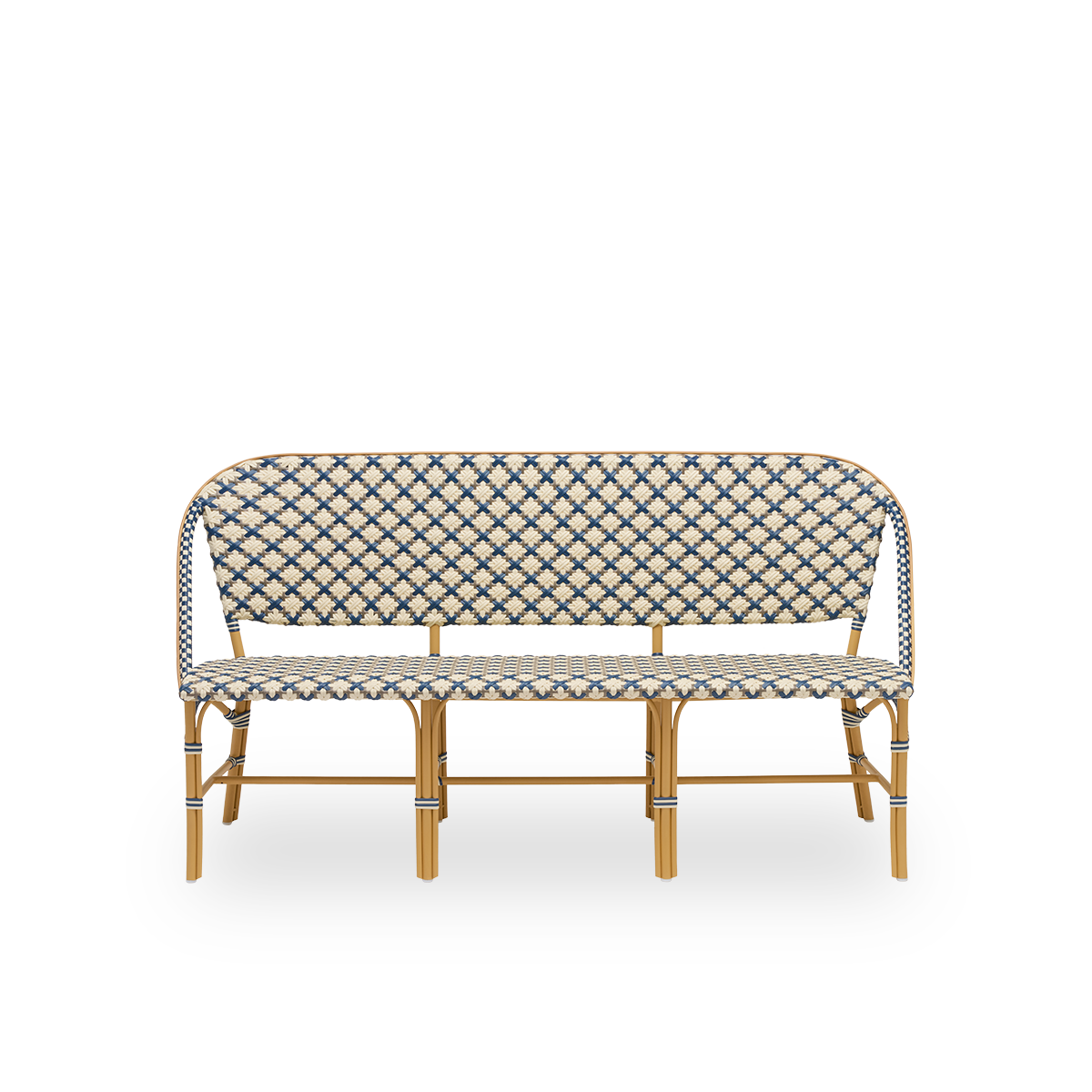 Dies ist ein Nahaufnahmebild von Sofie in almond aluminium frame starweave ivory navy blue cappuccino artfibre.