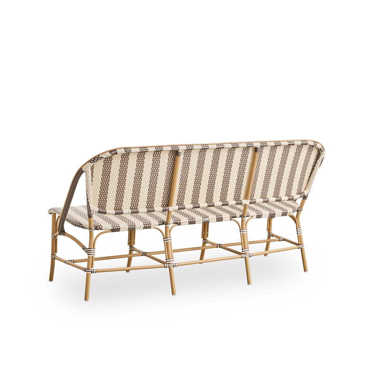 Rückansicht der Sofie Outdoor-Bank, inspiriert vom französischen Café-Stil.
Rattanrahmen mit vollständig geflochtenem Sitz und Rückenlehne, handgefertigt aus ArtFibre mit breitem Streifenmuster in Elfenbein und Braun. Stapelbare Rattan-Bistrobank.