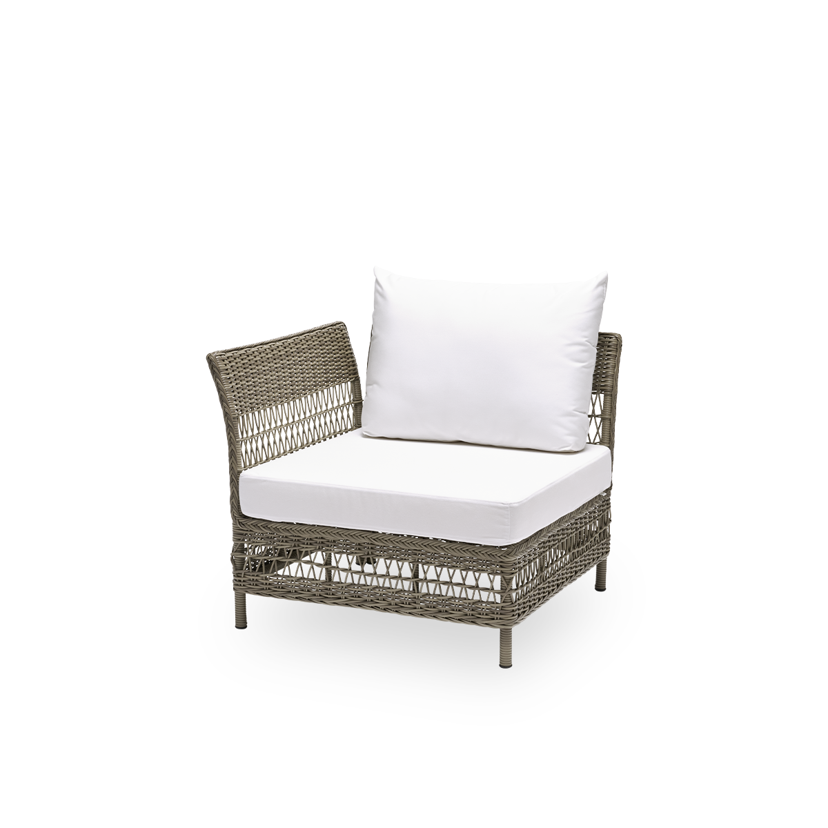Seitenansicht des Mona Outdoor-Sofas, Eckmodul mit Sitz- und Rückenkissen, aus antikgrauem ArtFibre und Aluminium. Teil des modularen Mona Sofas, das sich der Form des Außenbereichs anpasst.