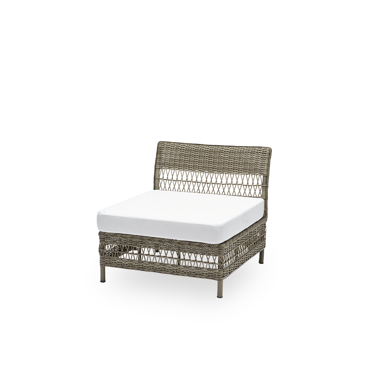 Seitenansicht des Mona Outdoor-Sofas, Mittelmodul mit Sitzkissen, aus antikgrauem ArtFibre und Aluminium. Teil des modularen Mona Sofas, das sich der Form des Außenbereichs anpasst.