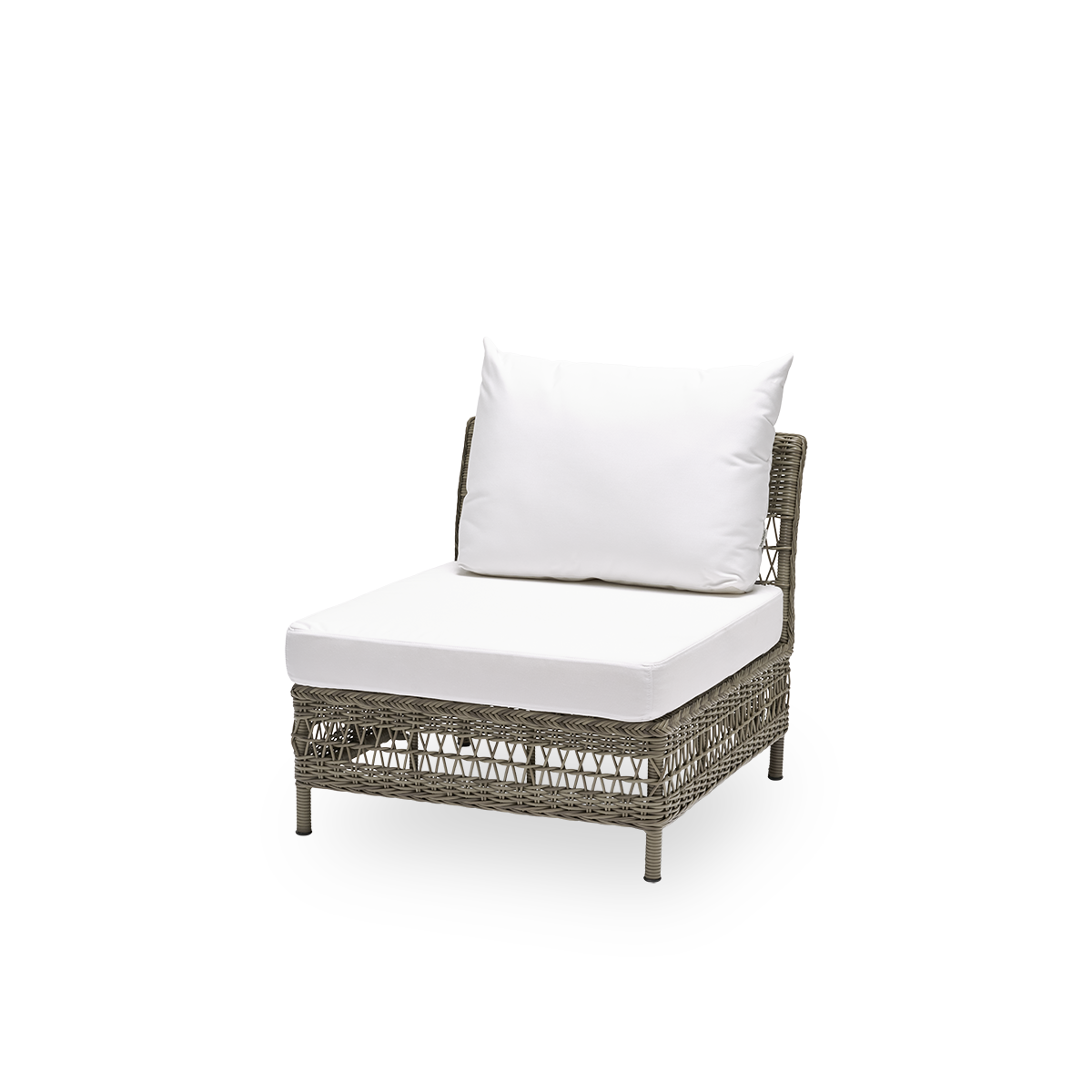 Seitenansicht des Mona Outdoor-Sofas, Mittelmodul mit Sitz- und Rückenkissen, aus antikgrauem ArtFibre und Aluminium. Teil des modularen Mona Sofas, das sich der Form des Außenbereichs anpasst.