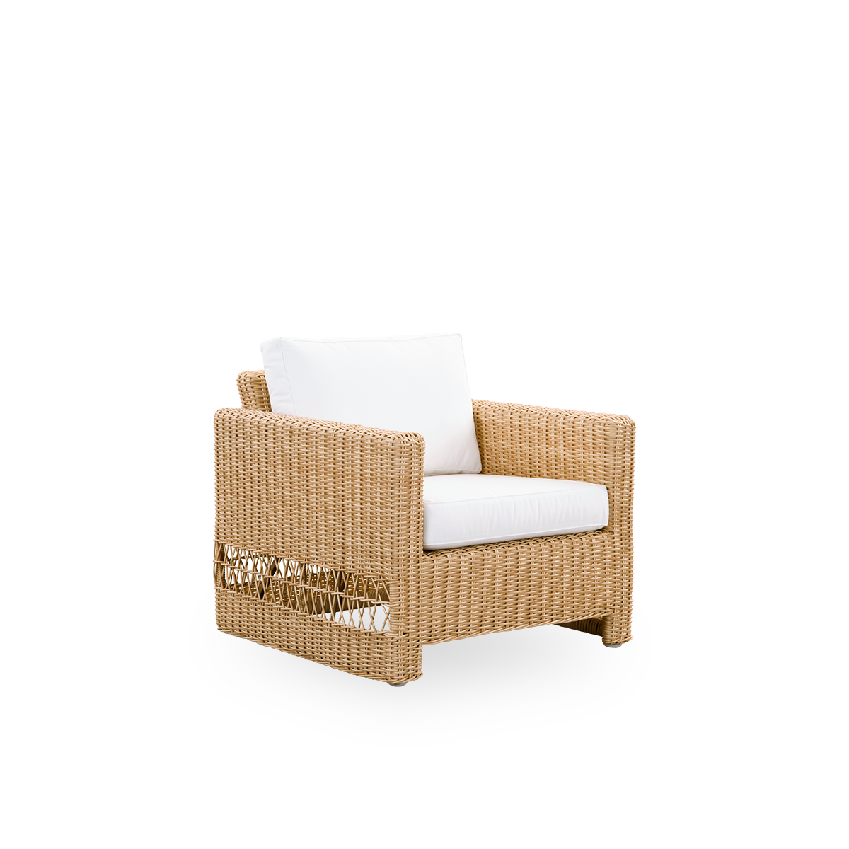 Seitenansicht des Carrie Outdoor-Loungestuhls in der Farbe Natural. Quadratischer, robuster Loungestuhl mit Aluminiumrahmen, vollständig in ArtFibre geflochten.