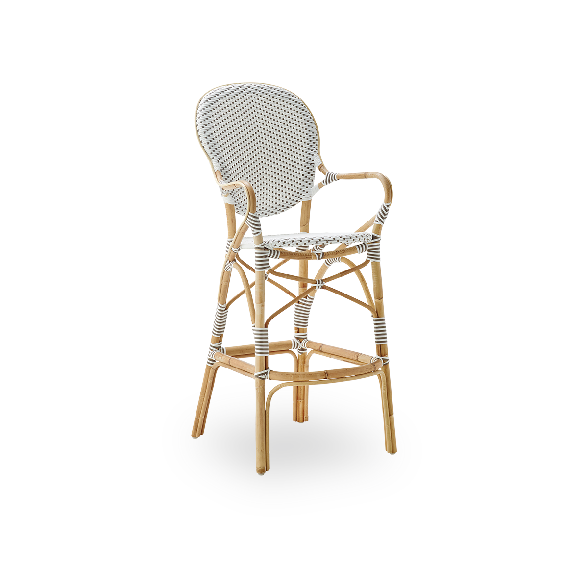 Seitenansicht des Barhockers Isabell mit hoher Rückenlehne, Armlehnen und Fußstütze. Rahmen aus natürlichem Rattan mit Sitzfläche aus weißem ArtFibre mit Cappuccino-Punkten. Inspiriert vom Bistrodesign der 1950er Jahre.