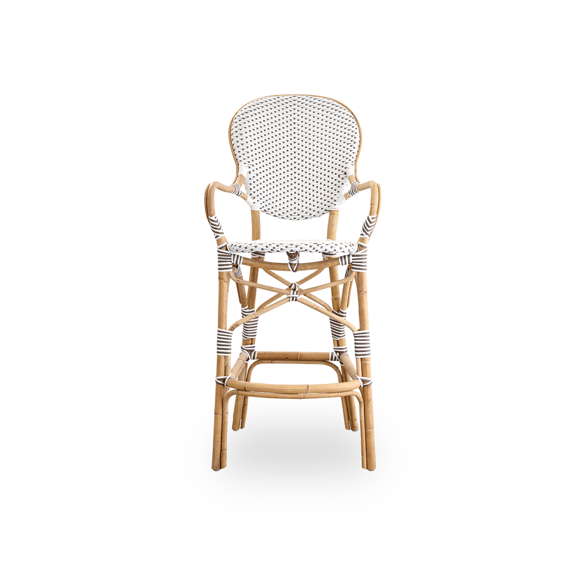 Vorderansicht des Isabell Barhockers mit hoher Rückenlehne, Armlehnen und Fußstütze.
Rahmen aus natürlichem Rattan mit ArtFibre-Sitz in Weiß mit cappuccinofarbenen Punkten. Inspiriert vom Bistrodesign der 1950er Jahre.