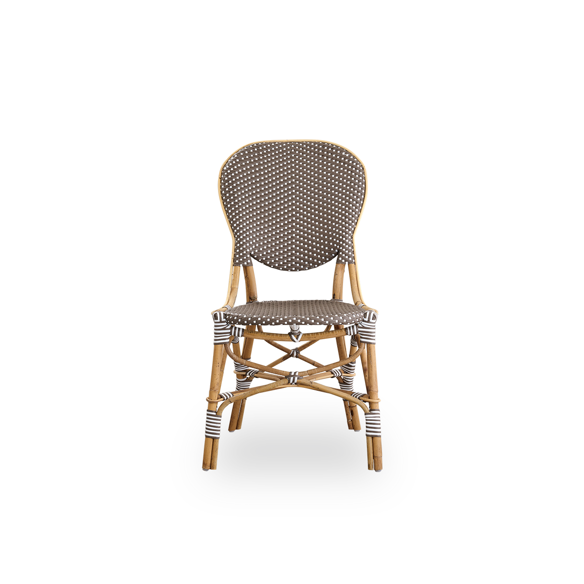 Vorderansicht des Isabell Esszimmerstuhls.
Rattangestell mit Sitz und Rückenlehne aus brauner ArtFibre mit weißen Punkten. Inspiriert vom Bistrodesign der 1950er Jahre.