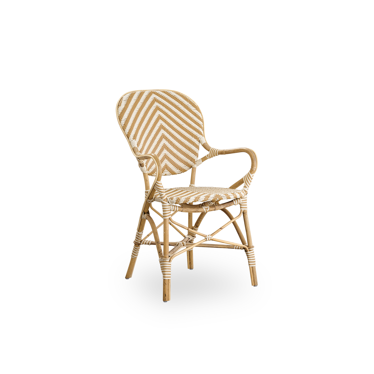 Seitenansicht des Isabell Essstuhls mit Armlehne. Rattangestell mit Sitz- und Rückenfläche aus ArtFibre im Elfenbein- und Grauzickzackmuster. Inspiriert vom Bistrodesign der 1950er Jahre.