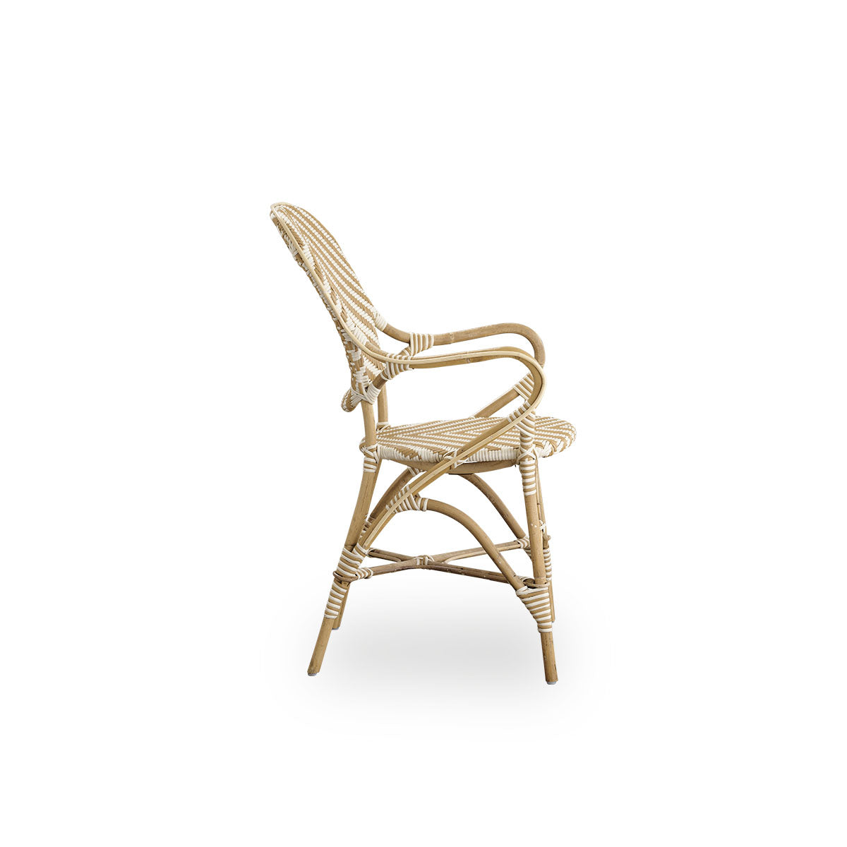 Plain side view of Isabell dining chair with armrest. Rattan frame with seat and backrest made in ArtFibre in ivory and grey herringbone pattern. Inspired by 1950s bistro design.