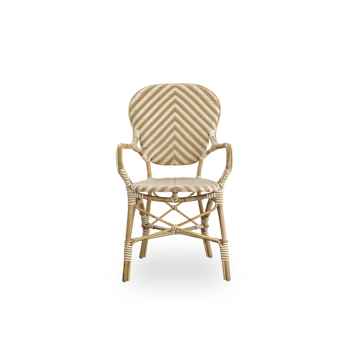 Front view of the Isabell dining chair with armrests.
Rattan frame with seat and backrest made in ArtFibre in an ivory and grey herringbone pattern. Inspired by 1950s bistro design.