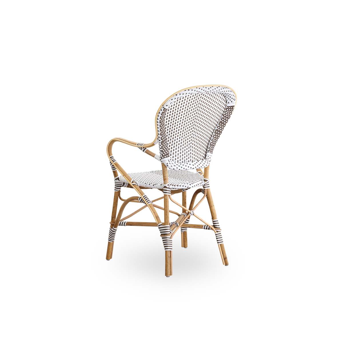Rückansicht des Isabell Esszimmerstuhls mit Armlehnen.
Rattangestell mit Sitz und Rückenlehne aus weißem ArtFibre mit braunen Punkten. Inspiriert vom Bistrodesign der 1950er Jahre.