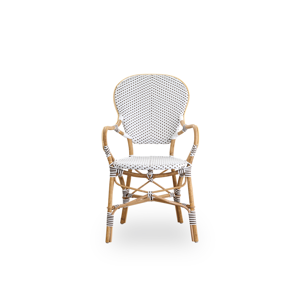 Vorderansicht des Isabell Esszimmerstuhls mit Armlehnen.
Rattangestell mit Sitz und Rückenlehne aus weißer ArtFibre mit braunen Punkten. Inspiriert vom Bistrodesign der 1950er Jahre.