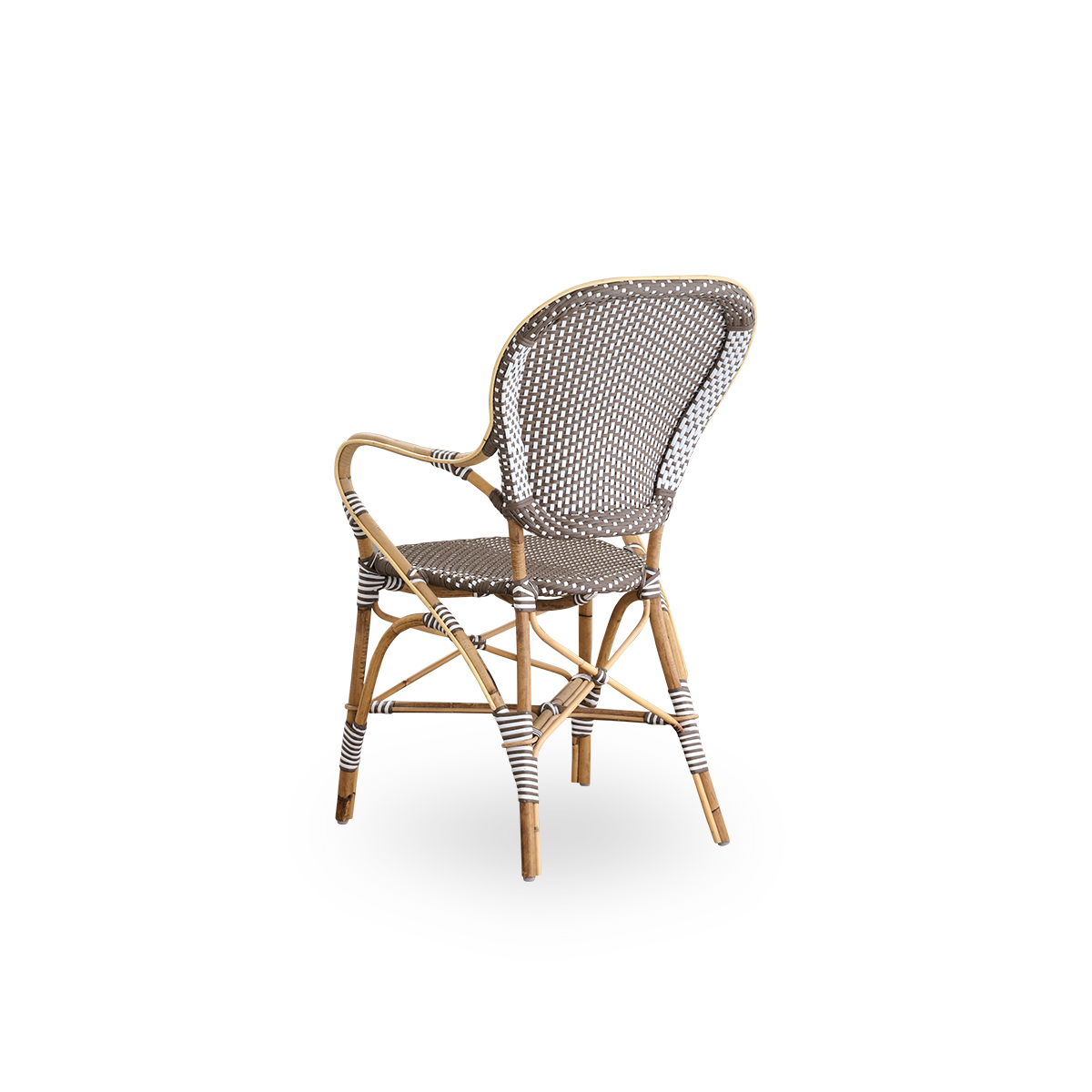 Rückansicht des Isabell Esszimmerstuhls mit Armlehnen.
Rattangestell mit Sitz und Rückenlehne aus braunem ArtFibre mit weißen Punkten. Inspiriert vom Bistrodesign der 1950er Jahre.