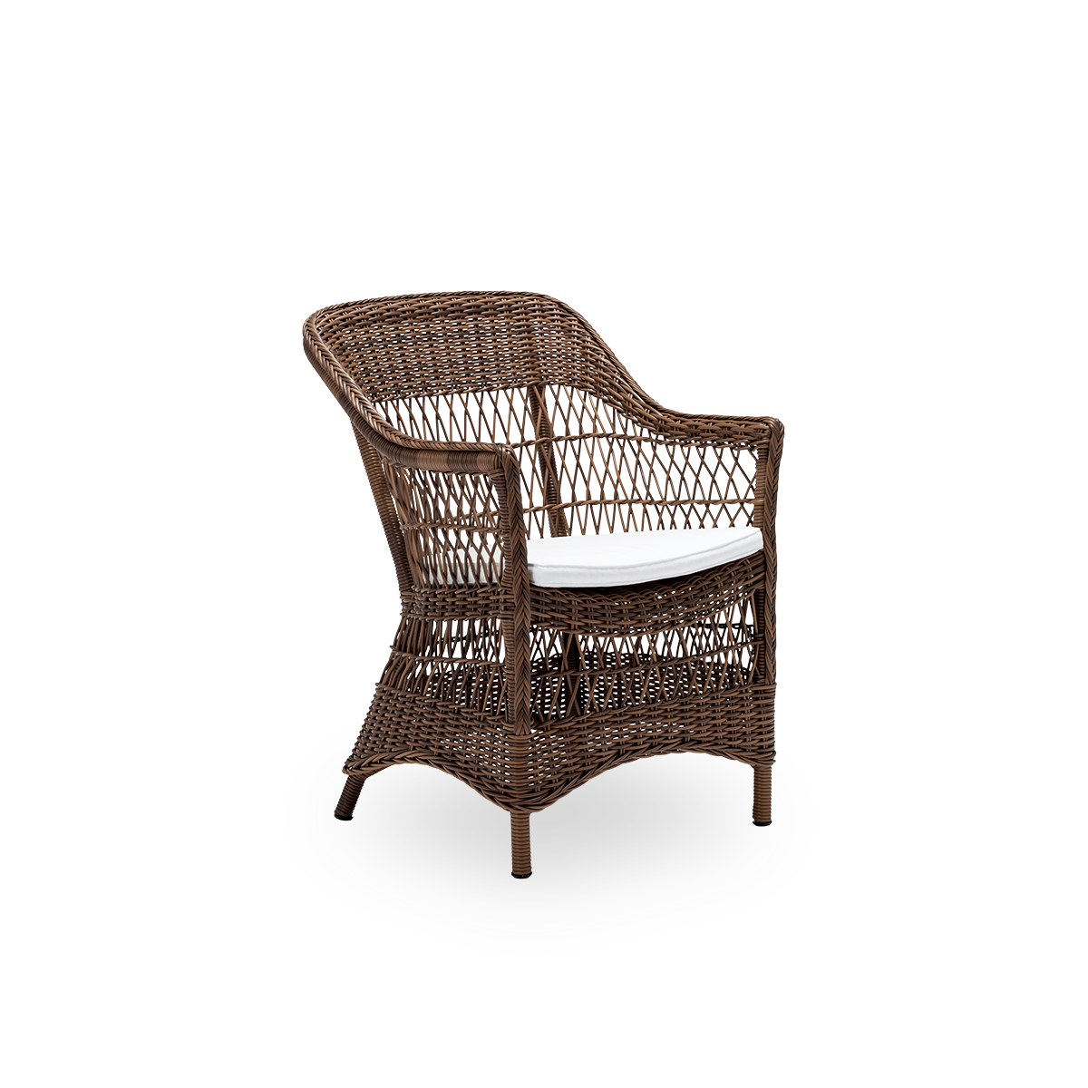 Seitenansicht des Charlot Outdoor-Esszimmerstuhls mit Sitzkissen, aus braunem ArtFibre und Aluminium.