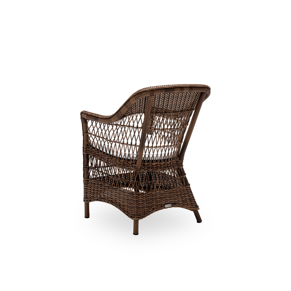Rückseitenansicht des Charlot Outdoor-Esszimmerstuhls mit Sitzkissen, aus braunem ArtFibre und Aluminium.