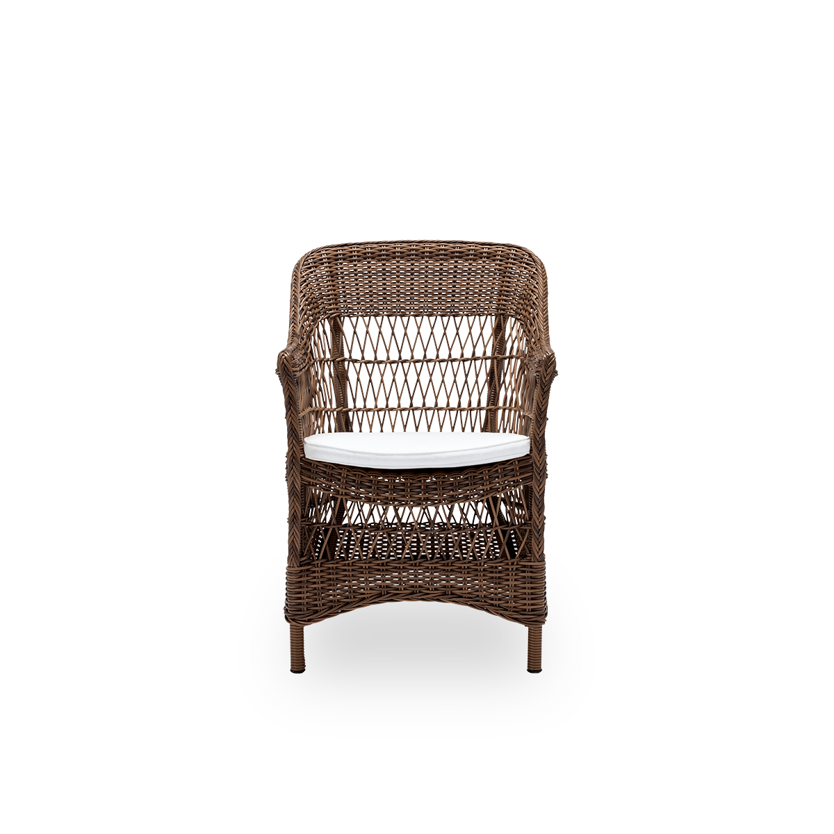Vorderansicht des Charlot Outdoor-Esszimmerstuhls mit Sitzkissen, aus braunem ArtFibre und Aluminium.