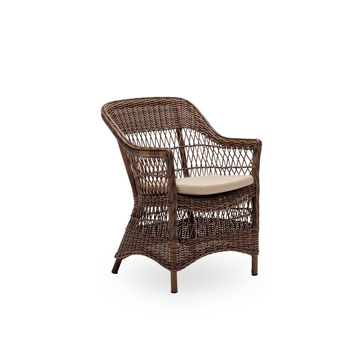 Seitenansicht des Charlot Outdoor-Esszimmerstuhls mit Kissen in einem alternativen Stoff, aus braunem ArtFibre und Aluminium.