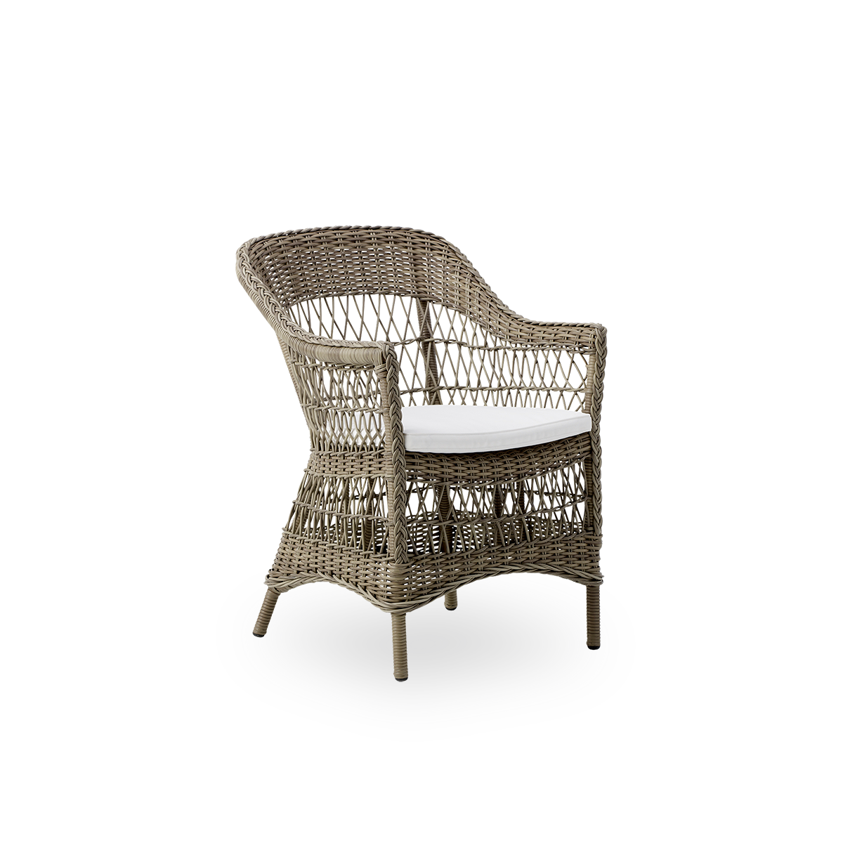 Seitenansicht des Charlot Outdoor-Essstuhls in Antique Grey, ein vollständig geflochtener Outdoor-Stuhl im britischen Kolonialstil, handgefertigt aus ArtFibre auf langlebigen Aluminiumrahmen.