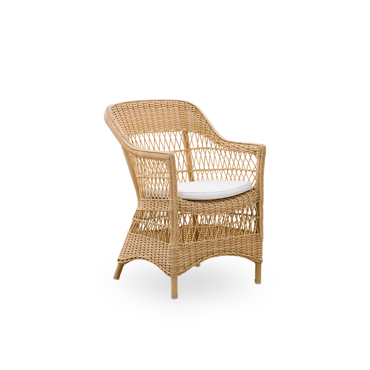 Seitenansicht des Charlot Outdoor-Essstuhls in natürlicher Farbe, ein vollständig geflochtener Outdoor-Stuhl im britischen Kolonialstil, handgefertigt aus ArtFibre auf langlebigen Aluminiumrahmen.