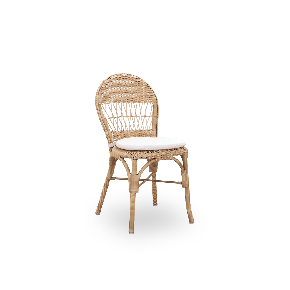 Seitenansicht des Ofelia Outdoor-Essstuhls in Antique Natural-Farbe. Ein kleinerer Essstuhl ohne Armlehnen, aus Aluminiumrahmen vollständig mit ArtFibre geflochten.