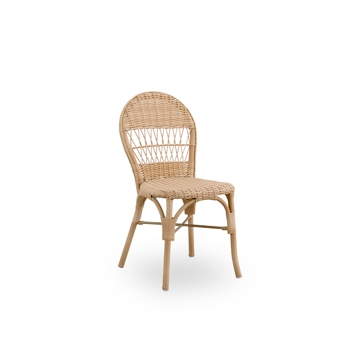 Seitenansicht des Ofelia Outdoor-Essstuhls in Antique Natural-Farbe. Ein kleinerer Essstuhl ohne Armlehnen, aus Aluminiumrahmen vollständig mit ArtFibre geflochten.