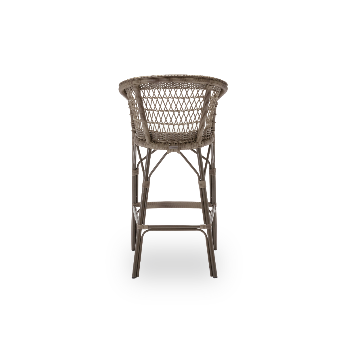 Einfache Rückansicht des Emma Outdoor-Barhockers mit Sitzkissen, aus antikgrauem ArtFibre und Aluminium. Aus der Georgia Garden Kollektion von Sika-Design, geeignet für Privathaushalte ebenso wie für Hotels und Restaurants.