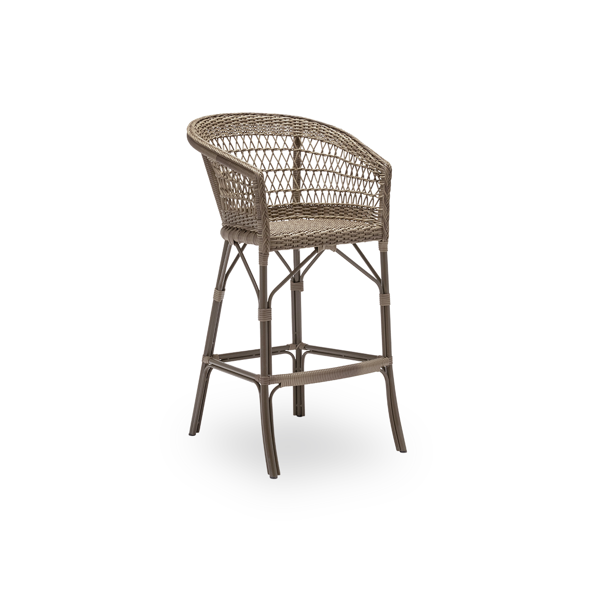 Seitenansicht des Emma Outdoor-Barhockers, aus antikgrauem ArtFibre und Aluminium. Aus der Georgia Garden Kollektion von Sika-Design, geeignet für Privathaushalte ebenso wie für Hotels und Restaurants.