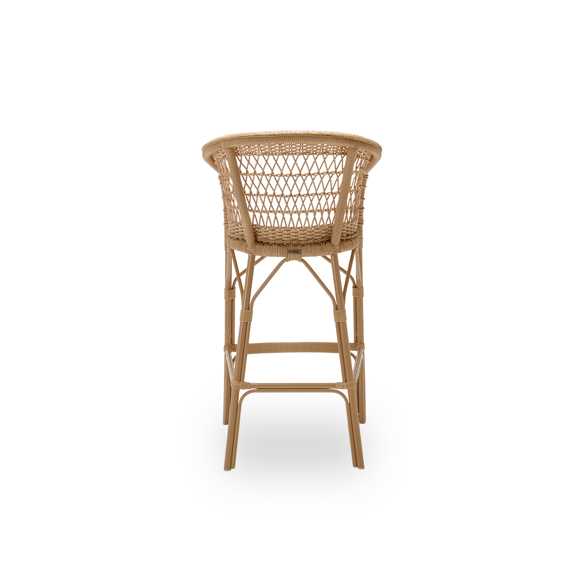 Einfache Rückansicht des Emma Outdoor-Barhockers mit Sitzkissen, aus naturfarbenem ArtFibre und Aluminium. Aus der Georgia Garden Kollektion von Sika-Design, geeignet für Privathaushalte ebenso wie für Hotels und Restaurants.