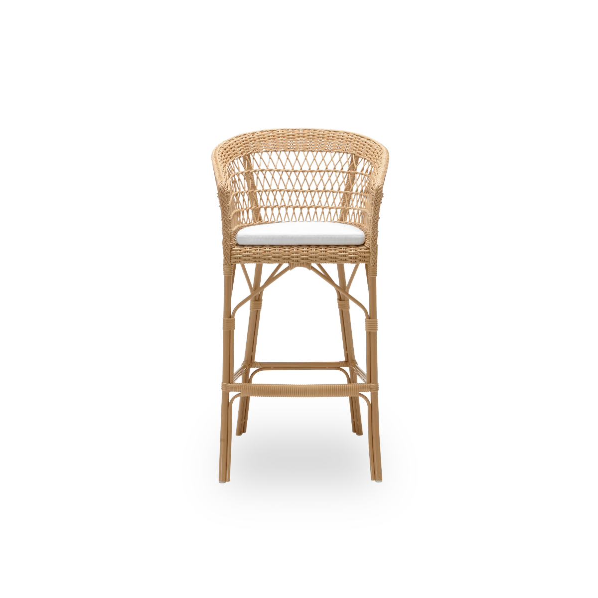 Vorderansicht des Emma Outdoor-Barhockers mit Sitzkissen, aus naturfarbenem ArtFibre und Aluminium. Aus der Georgia Garden Kollektion von Sika-Design, geeignet für Privathaushalte ebenso wie für Hotels und Restaurants.