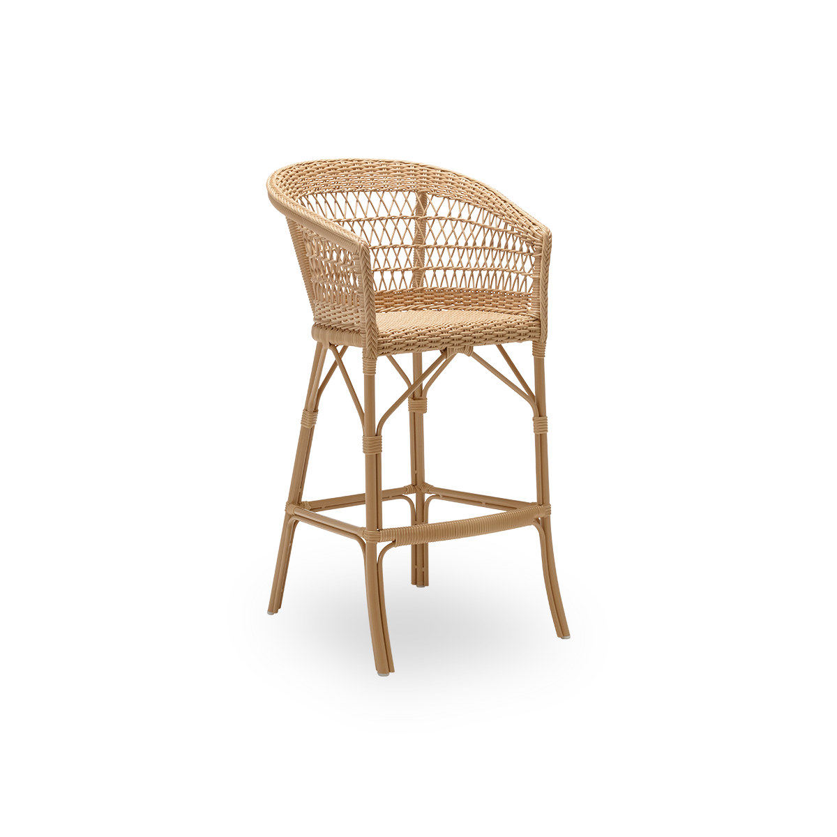 Seitenansicht des Emma Outdoor-Barhockers, aus naturfarbenem ArtFibre und Aluminium. Aus der Georgia Garden Kollektion von Sika-Design, geeignet für Privathaushalte ebenso wie für Hotels und Restaurants.