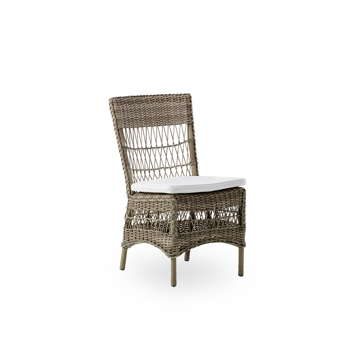 Seitenansicht des Marie Outdoor-Essstuhls in Antique Grey-Farbe. Aluminiumrahmen vollständig mit ArtFibre geflochten, inspiriert vom britischen Kolonialstil.
