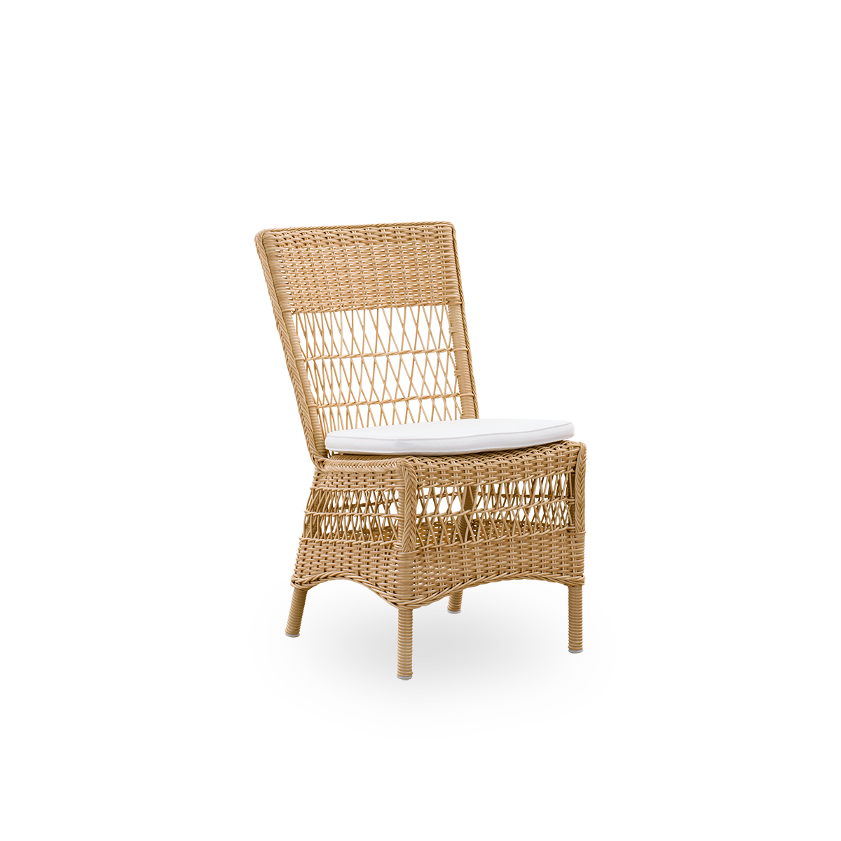 Seitenansicht des Marie Outdoor-Essstuhls in Natural-Farbe. Aluminiumrahmen vollständig mit ArtFibre geflochten, inspiriert vom britischen Kolonialstil.