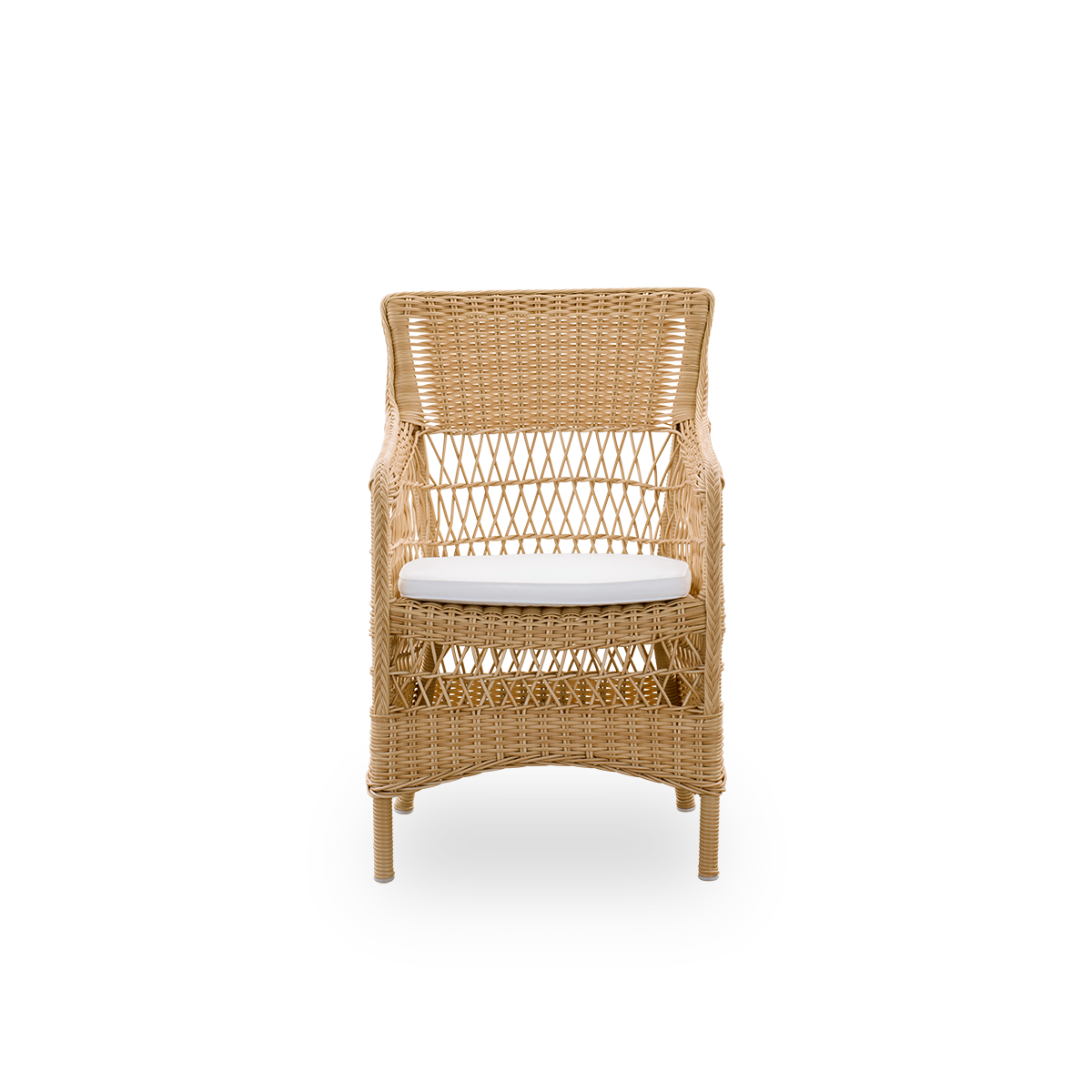 Vorderansicht des Marie Outdoor-Esszimmerstuhls mit Armlehnen in Naturfarbe.
Aluminiumrahmen vollständig mit ArtFibre geflochten, inspiriert vom britischen Kolonialstil.