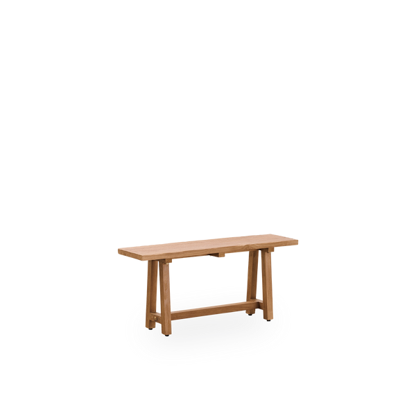 Seitenansicht der Lucas Indoor-Teakbank, Länge 100 cm, eine kompakte und elegante Teakbank aus patiniertem Teakholz mit rustikalem Look in natürlicher Kastanienfarbe.